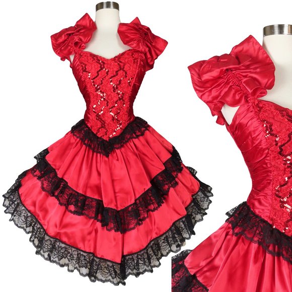 Vintage 80s Red Sequin Ruffled Black Lace Tiered Full Skirt Prom Party Dress M